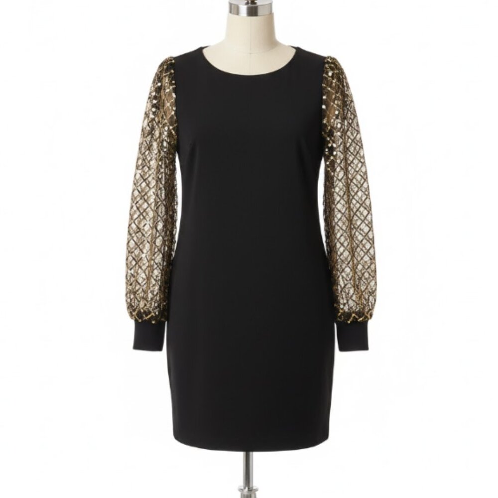 Chic Soul Black Mini Dress with Gold Sequin Sleeves 3X